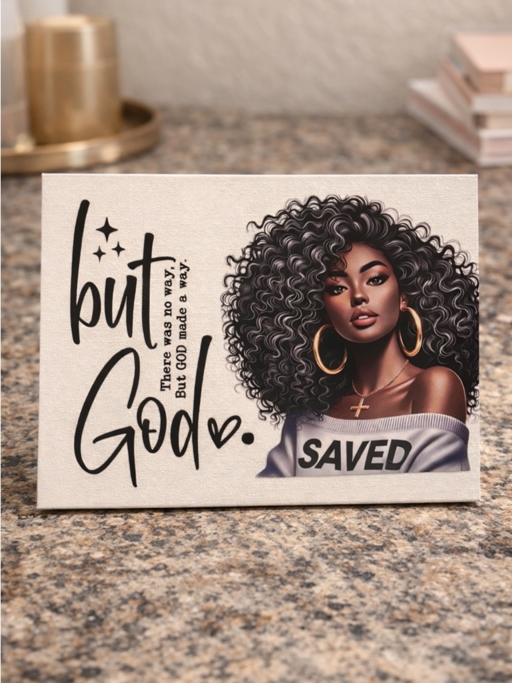 But God Inspirational Canvas Art - Black Hair, White Background